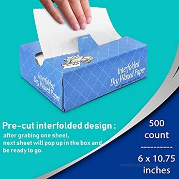 [500 Pack] Interfolded Food and Deli Dry Wrap Wax Paper Sheets with Dispenser Box Bakery Pick Up Tissues 6 x 10.75 Inch