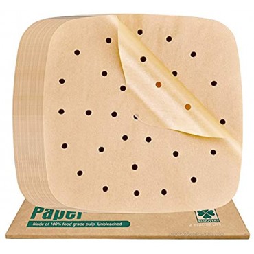 Air Fryer Parchment Paper for Baking Bamboo Steamer Liners 7.5 Inch 200Pcs Unbleached Square Perforated Parchment Paper Non-stick Steamer Mat for Baking Steaming Cooking with Silicone Paper