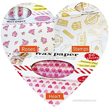 Suiwen 3-Pack 150pcs Wax Paper Food Picnic Paper Greaseproof Paper ,Waterproof Dry Hamburger Paper Liners Wrapping Tissue for Plastic Food Basket Rose Heart Stamp Pattern