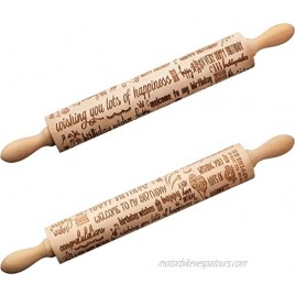 2 Pieces Happy Birthday Embossed Wooden Rolling Pin Engraved Carved Rolling Pin Non Stick Wood Dough Roller with Happy Birthday Balloon Cake Patterns for Baking Dough Pizza Pie Cookies