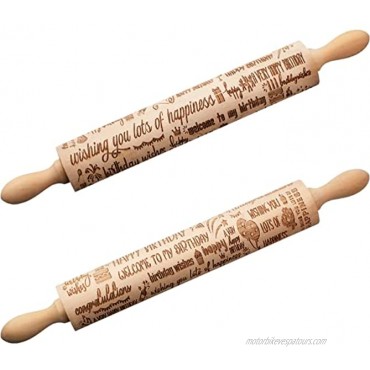 2 Pieces Happy Birthday Embossed Wooden Rolling Pin Engraved Carved Rolling Pin Non Stick Wood Dough Roller with Happy Birthday Balloon Cake Patterns for Baking Dough Pizza Pie Cookies