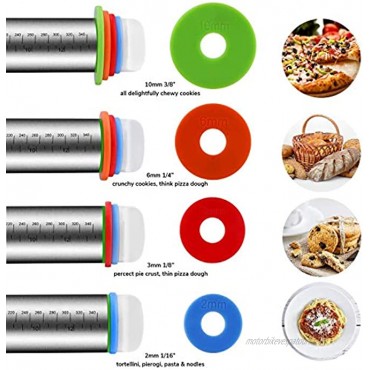 Adjustable Rolling Pin and Silicone Pastry Mat Set，17 inch Stainless Steel Roller Pin with Adjustable Thickness Rings，for Baking Cookie Chapati Fondant Dough Pastry Pizza Pie Crust
