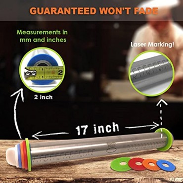 Adjustable Rolling Pin with Thickness Rings Guides Non Stick 17 inch Large Heavy Duty Stainless Steel French Style Dough Roller for Baking Pizza Pie Pastries and Cookies