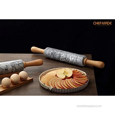 CHEFMADE 18-Inch Marble Rolling Pin with Wooden Handles and Cradle Non-Stick Gray and White