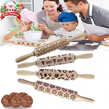 Christmas Engraved Designs Rolling Pin Embossed Wooden 3D Rolling Pins With Handles for Christmas Baking Cookies 14in 4pack
