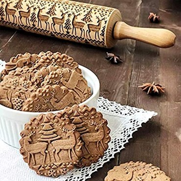 Christmas Engraved Designs Rolling Pin Embossed Wooden 3D Rolling Pins With Handles for Christmas Baking Cookies 14in 4pack