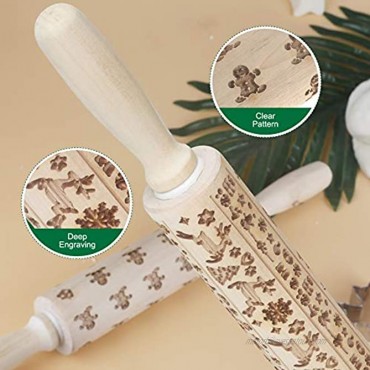 Christmas Rolling Pin 3D Embossed Wooden Rolling Pins,2 Pcs Engraved Embossing Rolling Pin with 6 Pcs Cookies Cutters and 2 Pcs Cream Brush for Christmas Theme Cookie Cake Bread Pizza Baking