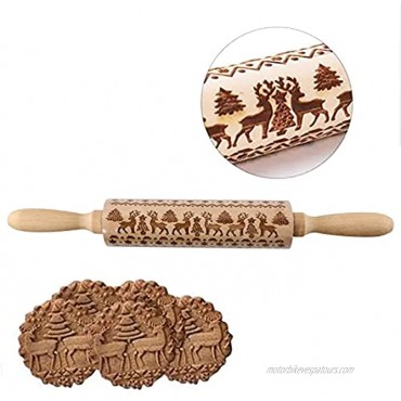 Christmas Wooden 3D Rolling Pins embossed Embossing Rolling Pin with Engraved Christmas Themed Symbols for Baking Embossed Cookies,Rolling Pin Kitchen Tool14 in