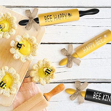 Jetec 3 Pieces Bee Mini Rolling Pins Farmhouse Style Kitchen Tiered Tray Decor Inspired Coffee Bar Yellow and Black Honey Bee Summer Decor