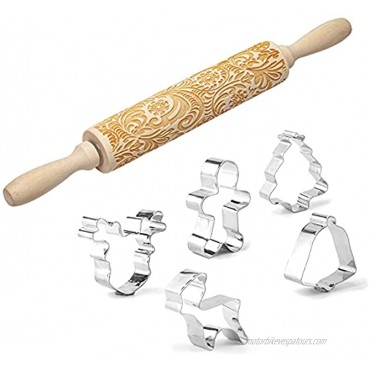 Paisley Embossed Rolling Pin for Cookies EUUPS Wooden 3D Christmas Engraved Embossing Rolling Pin with 5 Christmas Cookie Cutters for Baking Snowflake Flower Pattern Rolling Pin DIY Kitchen Tool