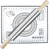 Rolling Pin and Silicone Pastry Mat Set,Stainless Steel Rolling Pin 17 Inch for Baking Dough,Fondant,Dumpling,Pizza,Pie,Pastries,Pasta and Cookies