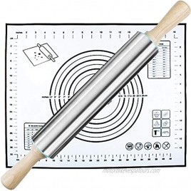 Rolling Pin and Silicone Pastry Mat Set,Stainless Steel Rolling Pin 17 Inch for Baking Dough,Fondant,Dumpling,Pizza,Pie,Pastries,Pasta and Cookies