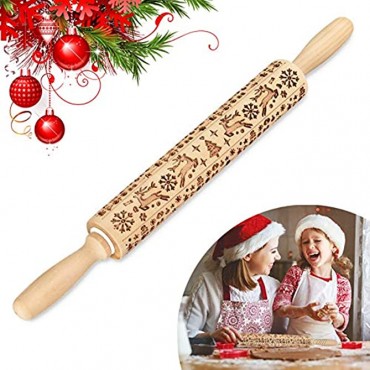 Rolling Pin Christmas Wooden Rolling Pins Engraved Embossing with Christmas Tree Deer Pattern DIY Tool for Baking Cookies