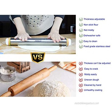 Rolling Pin for Baking Adjustable Rolling Pin with 4 Removing Thickness Rings 17 Smooth Stainless Steel Rolling Pin Non-stick Dough Roller Pin for Cookie Fondant Pie Crust Pastry Pasta Pizza