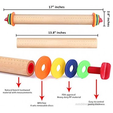 Rolling Pin Wood Rolling Pin with Removable Thickness Rings Beech Wood Rolling Pin Adjustable for Baking Pizza Pastries Cookies colorful