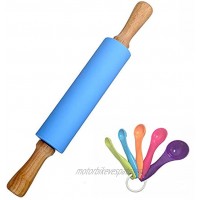 Silicone Rolling Pin for Baking Non-stick Surface Wooden Handle 15.15x2.17 inch with Free Measure SpoonBlue