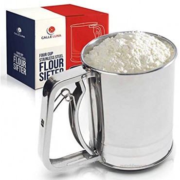 Calle Luna Flour Sifter – Premium Stainless Steel Flour Sifter for Baking – Four Cup Baking Sifter with Spring Action Handle – Double Mesh Sifter for Flour Powdered Sugar Baking Powder