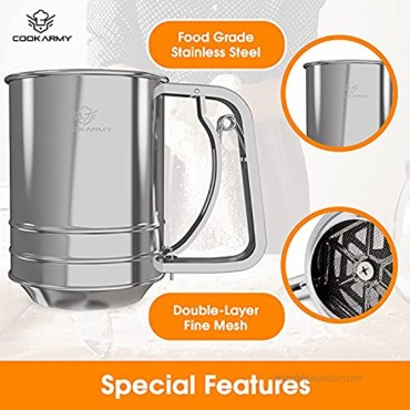 Cook Army Flour Sifter For Baking 3 Cup Flour Sifter Stainless Steel Powdered Sugar Sifter Double-layer Flour Sieve Great Baking Sifter and Flour Strainer For all Baking Flour and Powdered sugar