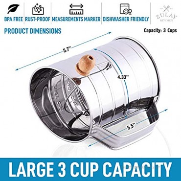 Zulay 3 Cup Stainless Steel Flour Sifter Fine Mesh Rotary Hand Crank Flour Sifter with Agitator Wire Loop For Baking Cakes Pastries Pies Cupcakes and Desserts