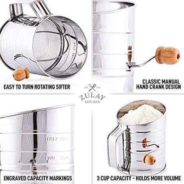 Zulay 3 Cup Stainless Steel Flour Sifter Fine Mesh Rotary Hand Crank Flour Sifter with Agitator Wire Loop For Baking Cakes Pastries Pies Cupcakes and Desserts