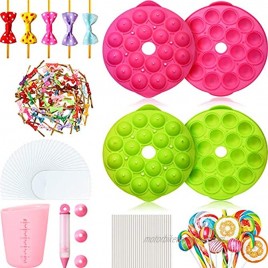2 Sets Cake Pop Maker Set 3D 18-Hole Round Cake Pop Mold Silicone Lollipop Mold with 100 Pieces Plastic Lollipop Sticks 100 Pieces Cake Pop Bags 100 Pieces Colorful Bow Twist Ties for DIY Candy Pop