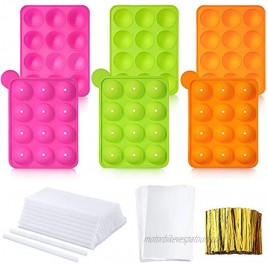 3 Sets Lollipop Cake Maker Set 12-Hole Cake Pop Mold Silicone Lollipop Mold with Lollipop Sticks Treat Bags and Gold Twist Ties for Cake Pop Lollipop Candy and Chocolate Rose Red Green Orange