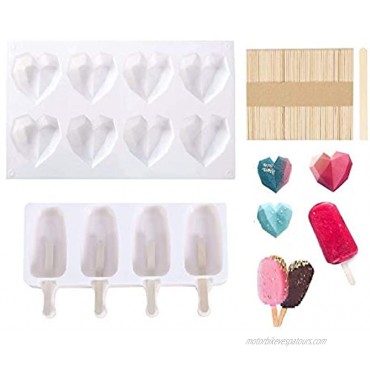 8 Cup Diamond Heart Shaped Cake Mold Tray 4 Cavities Popsicle Molds Ice Pop Molds with 50 Pieces Wooden Sticks for DIY Valentine's Day Cake WHITE