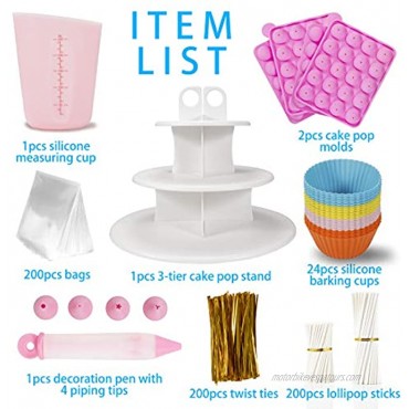 Akingshop Cake Pop Maker Kit- 632Pcs Cake Pop Baking Supplies with Silicone Molds 3-Tier Cake Stand Silicone Barking cups Decoration Pen Silicone Measuring Cups Lollipop Sticks Bags and Ties