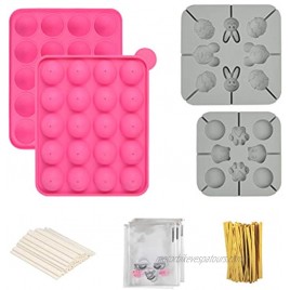 ATPWONZ 3PCS Silicone Cake Pop Mold Bear Shape Mold and Rabbit Shaped Mold Set with 100 Cake Pop Sticks + 100 Candy Treat Bags + 100 Gold Twist Ties for Lollipop Hard Candy Cake Pops Chocolates