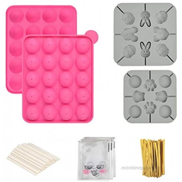 ATPWONZ 3PCS Silicone Cake Pop Mold Bear Shape Mold and Rabbit Shaped Mold Set with 100 Cake Pop Sticks + 100 Candy Treat Bags + 100 Gold Twist Ties for Lollipop Hard Candy Cake Pops Chocolates