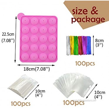 BPA Free Cake Pop Mold Silicone Silicone Molds with 100 cake pop sticks+100 Treat Bags+ 100 Twist Ties in mix Colors Great for Hard Candy Lollipop Cake Pop and Party Cupcake