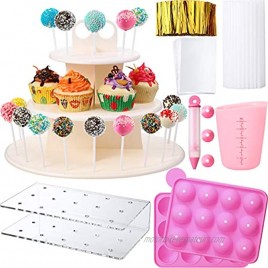 Cake Pop Maker Set Silicone Molds 3 Tier Cake Stand and 15 Holes Acrylic Lollipop Holder Plastic Lollipop Sticks 250 ml Silicone Measuring Cup Icing Pen with 4 Piping Tips Bag and Twist Ties