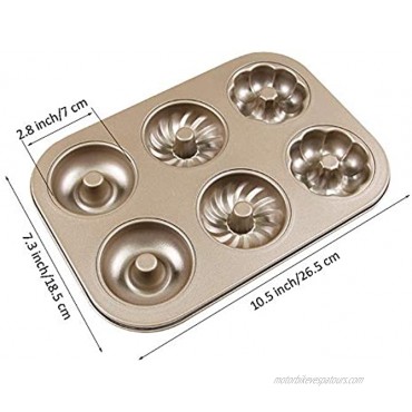 Donut Pan,6-Cavity Nonstick Doughnut Pan for Baking 3 Different Mini Donuts,Sturdy Carbon Steel Mini Donut Pan for Baking 2.8 Inch Donuts,10.5x7.3x3 Inch,Golden