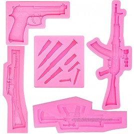 4 Pieces Machine Gun Silicone Molds Pistol Shaped Chocolate Mold and 1 Piece Bullet Silicone Fondant Molds Kitchen Baking Mold for Game Party DIY Cupcake Cake Decorating Polymer Clay Crafting