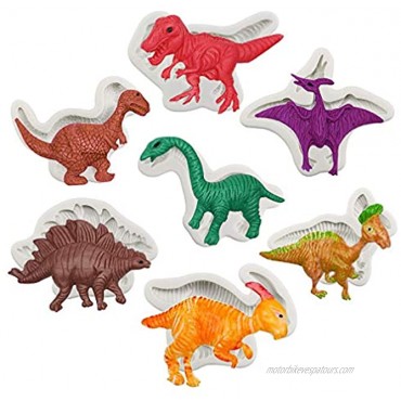 Dinosaur Fondant Molds Silicone- Yawooya Large Size Dino Dinosaur Party Mold 7 Set for Cake Decoration Resin Cupacke Toppers Cookie Pop Candy Gum Paste Polymer Clay