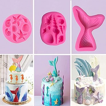 Mermaid Theme Cake Silicone Molds Marine Theme Fondant Silicone Mold Mermaid Tail Starfish Coral Conch Seahorse Seashell DIY Chocolate Candy Baking Tool for Mermaid Theme Party Cake Decoration