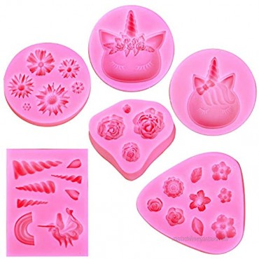 Mini Unicorn Mold,Unicorn Ears Horn Rainbow Flowers and leaf,Silicone cake fondant mold Set,Cupcake Toppers Fondant Chocolate Mold for Unicorn Theme Party and Kids Birthday6pack