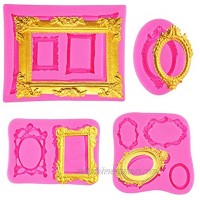 Rainmae 4Pcs Pink Picture Frames Silicone Mold for Cake Decorating Photo Frame Fondant Mold Vintage Frame Collections Molds Sugar Gum Paste Chocolate Cookies Polymer Clay Candy Soap Resin Mould