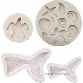 Set of 4 Marine Theme Mermaid Tail Sea Turtle Shell Fondant Silicone Mold for Sugarcraft Cake Border Decoration Cupcake Topper Polymer Clay Crafting Moulds