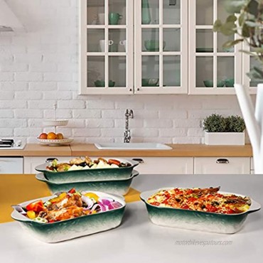 Hoxierence 20oz Small Ceramic Baking Dishes 7.5L x 5.4W Inch Stone Embossed Pattern Bakeware with Double Handles Individual Rectangular Baker for Lasagna Casserole Set of 4 Green