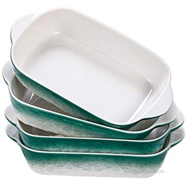 Hoxierence 20oz Small Ceramic Baking Dishes 7.5L x 5.4W Inch Stone Embossed Pattern Bakeware with Double Handles Individual Rectangular Baker for Lasagna Casserole Set of 4 Green