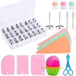69pcs Piping Bags and Tips Set Cake Decorating Kits Stainless Steel Baking Tips,3 Reusable Silicone Pastry Bags,3 Icing Smoother 3 Couplers,6 Silicone Cupcake Baking Cups for Baking Decorating Cake