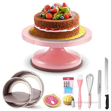 Cake Decorating Kit Cake Turntable 6” 8” Round Cake Pans with Removable Bottom Piping Bags Icing Spatula Bread Knife Baking Tools for Kids Beginner Adults Baking Sets