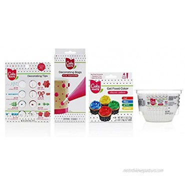 Cake Mate Decorating Tool Kit 4-Piece Set Includes: Decorating Tips Disposable Decorating Piping Bags 4 Gel Food Colors White Baking Cups Set Kosher and Gluten Free 1 Pack