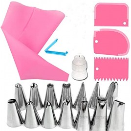 DIY Cake Decorating Tool Supplies Kit OHOME Baking Pastry Tools with 14 Stainless Steel Nozzle Set 3 Icing Smoother 1 Reusable Coupler 1 Seal clip 1 Piping Bags for Baking Decorating Pink