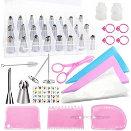 Piping Bags and Tips Set 26 Stainless Steel Numbered Pastry Tips Piping Nozzles Cake Decorating Kits with 2 Reusable Silicone Pastry Bags 3 Icing Smoother 2 Coupler for DIY Baking Tools 53 PCS