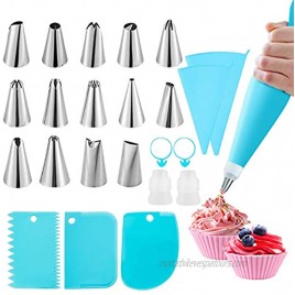 Piping Bags and Tips Set,Omini Cake Decorating Kits with 14 Stainless Steel Baking,2 Reusable Silicone Pastry Bags,3 Icing Smoother 2 Couplers,2 Ties&2 Cupcakes for Baking Decorating Cake,25 Pcs