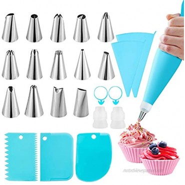 Piping Bags and Tips Set,Omini Cake Decorating Kits with 14 Stainless Steel Baking,2 Reusable Silicone Pastry Bags,3 Icing Smoother 2 Couplers,2 Ties&2 Cupcakes for Baking Decorating Cake,25 Pcs