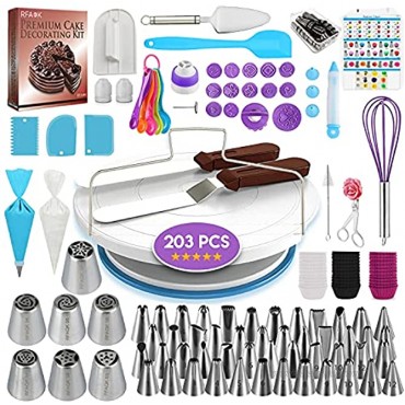 RFAQK 203 PCs Cake Decorating Supplies Kit for Beginners-1 Turntable stand- 48 Numbered Easy to use icing tips with pattern chart and E.Book-7 Russian Piping nozzles -2 Spatulas for Baking