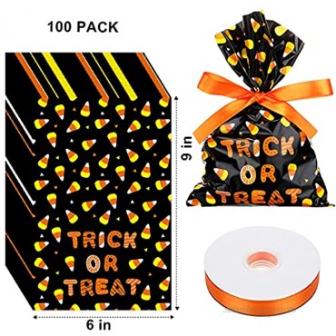 100 Pieces Plastic Trick Or Treat Candy Bags Halloween Goody Bags 6 x 9 Inch Halloween Wrapped Treat Bags Halloween Corn Candy Bags and Orange Ribbon for Halloween Party